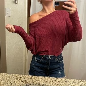 Free People - Long Sleeve Off The Shoulder Shirt - Maroon with Waffle Texture